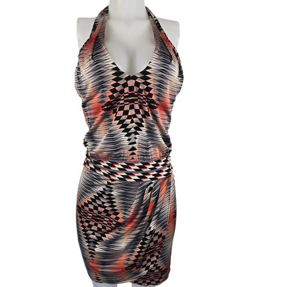 BCBG Maxazria NeckTye Deep V Orange Black Gray Aztec Women's Dress XS - Picture 1 of 5